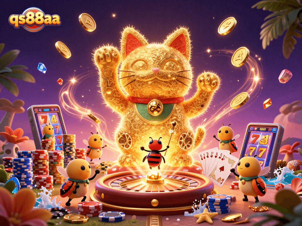 Experience excitement at qs88aa with a dynamic lucky cat and casino symbols in a magical scene.