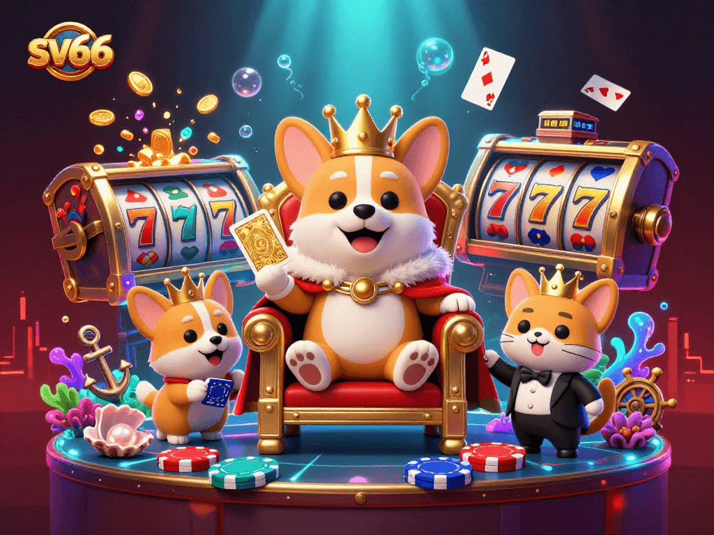 Engage in thrilling gaming at sv66's vibrant atmosphere with a corgi king and casino elements.