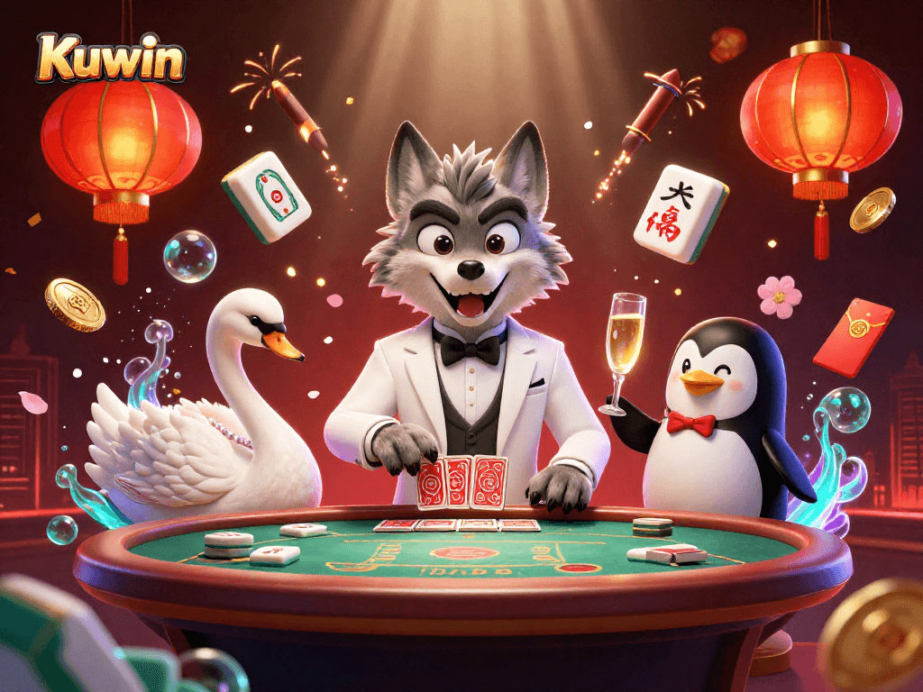 Kuwin offers an exciting baccarat experience with a whimsical wolf dealer and a chic swan, showcasing the thrill of card games.