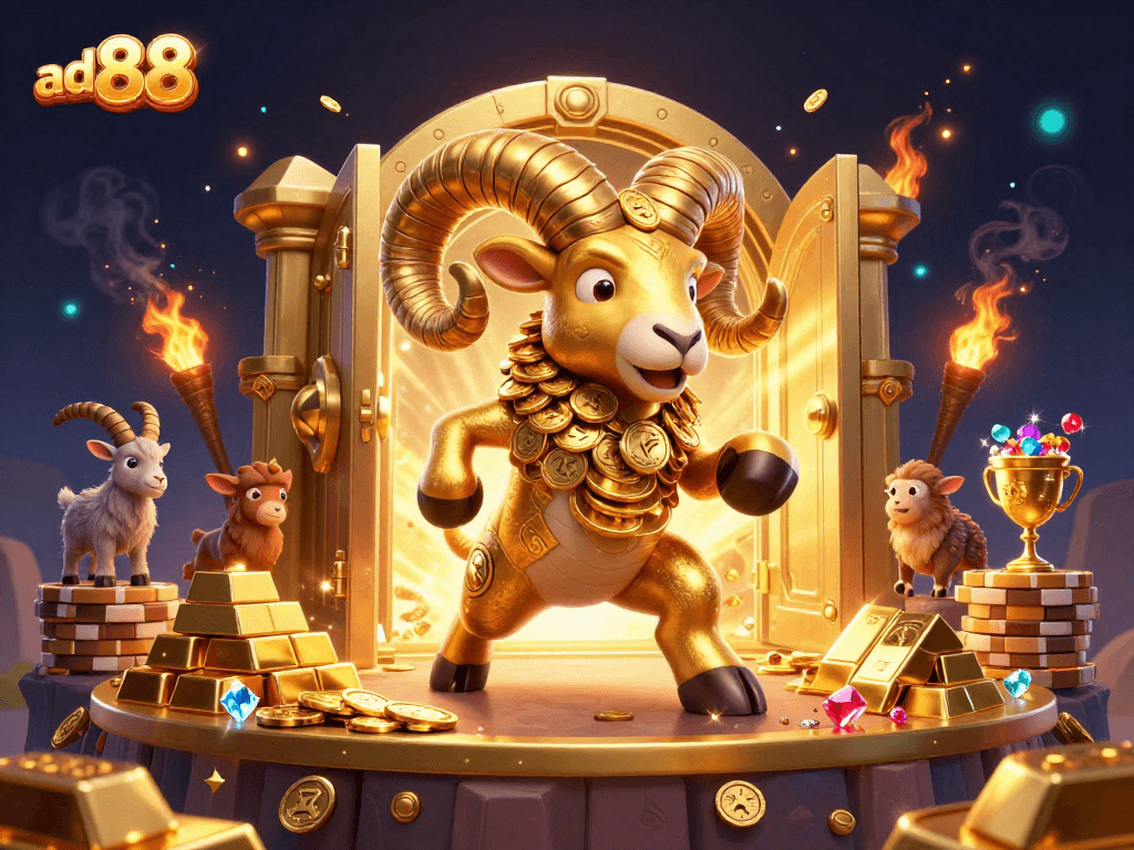 Experience the excitement at ad88 with a charging golden ram and treasure elements in a dynamic casino scene.