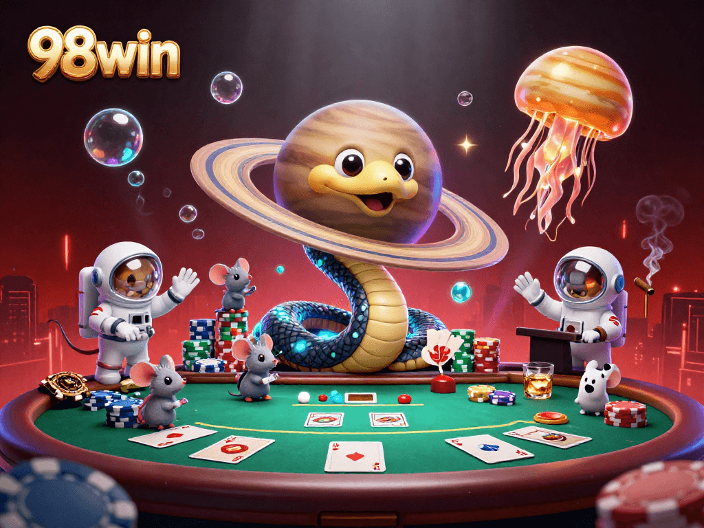 Engage with 98win's exciting cosmic gambling scene featuring vibrant characters and casino elements.