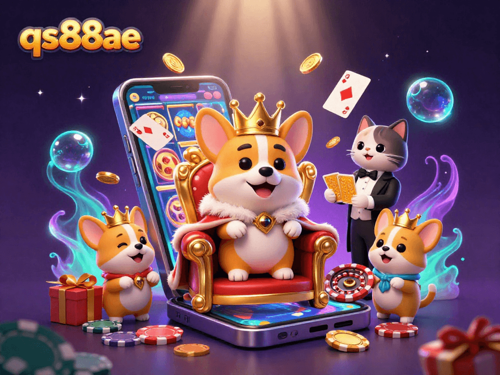 Experience the excitement at qs88ae with a royal corgi on a throne of poker chips amidst vibrant gaming elements.