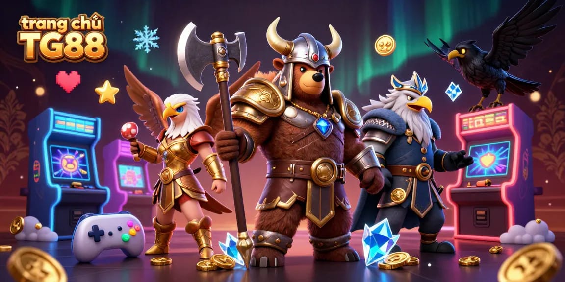Experience thrilling gameplay at trang chủ TG88 with a Viking bear and Valkyrie eagle amidst vibrant casino elements.