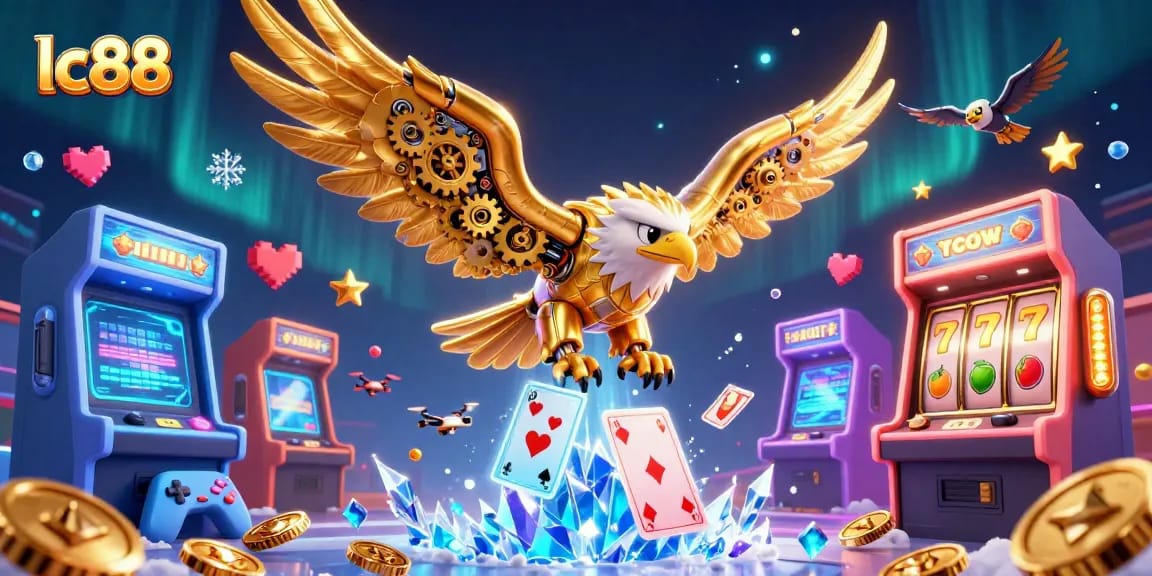 Play slots with lc88, featuring a golden eagle navigating a vibrant casino scene full of excitement.