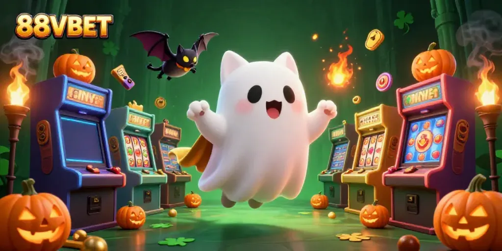 Experience the thrilling 88VBET casino scene with a friendly ghost cat, vampire bat, and glowing jack-o-lanterns.