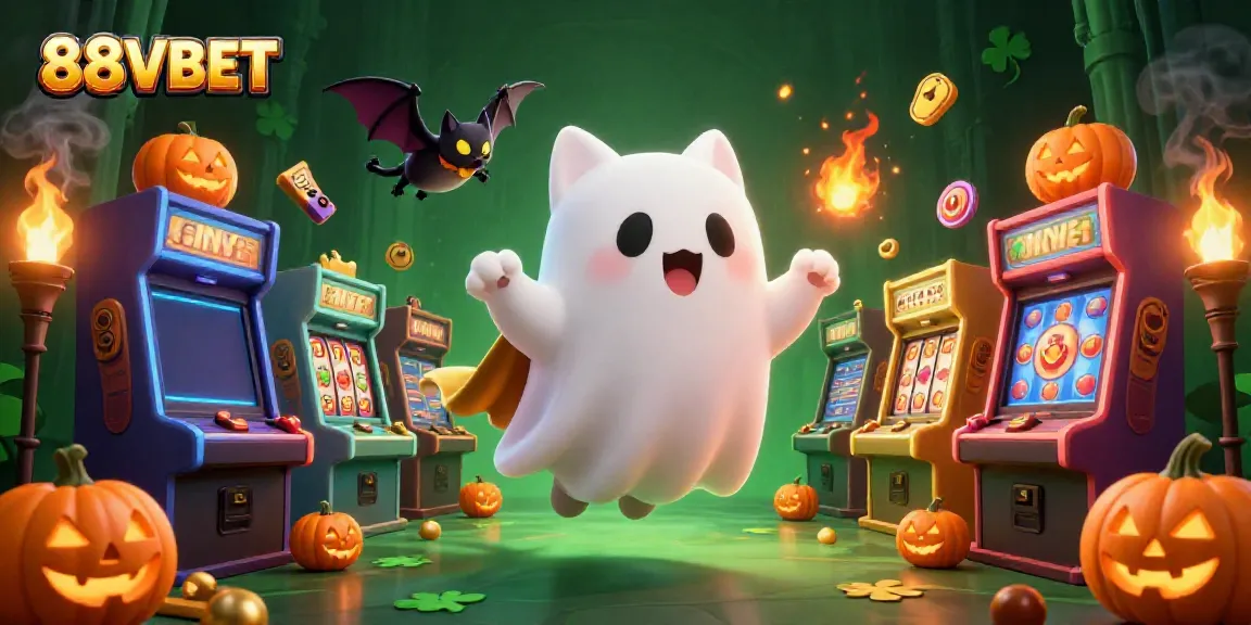 Experience the thrilling 88VBET casino scene with a friendly ghost cat, vampire bat, and glowing jack-o-lanterns.