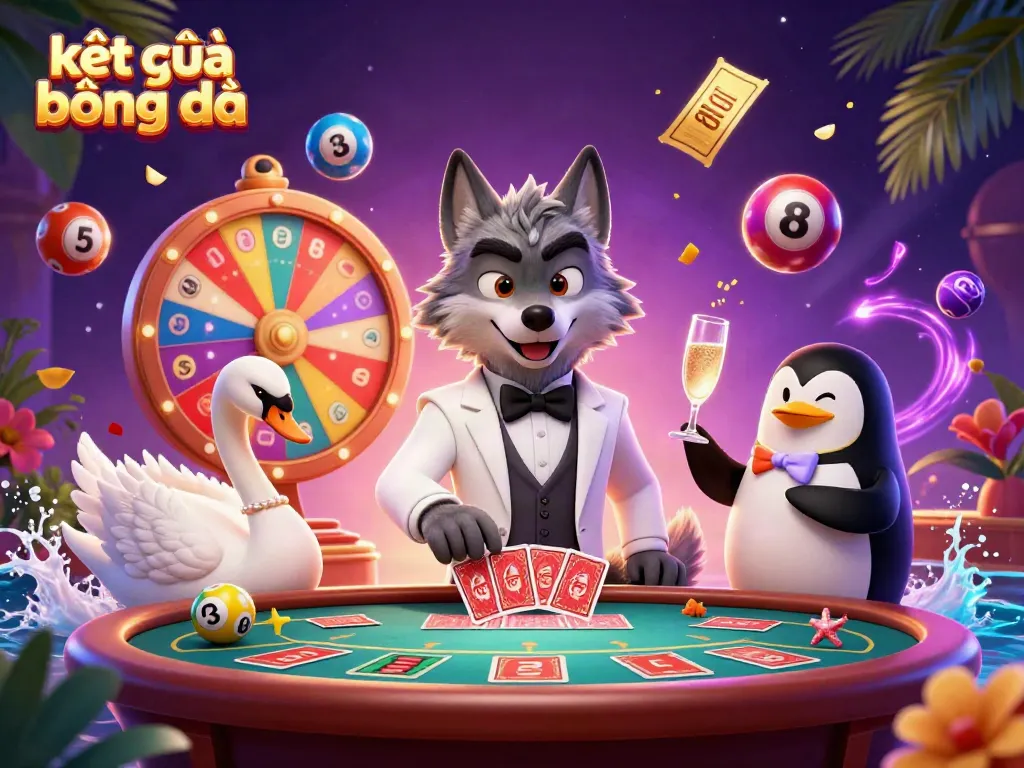 Engage in kết quả bóng đá with dynamic casino elements; a wolf and swan in a lively scene.