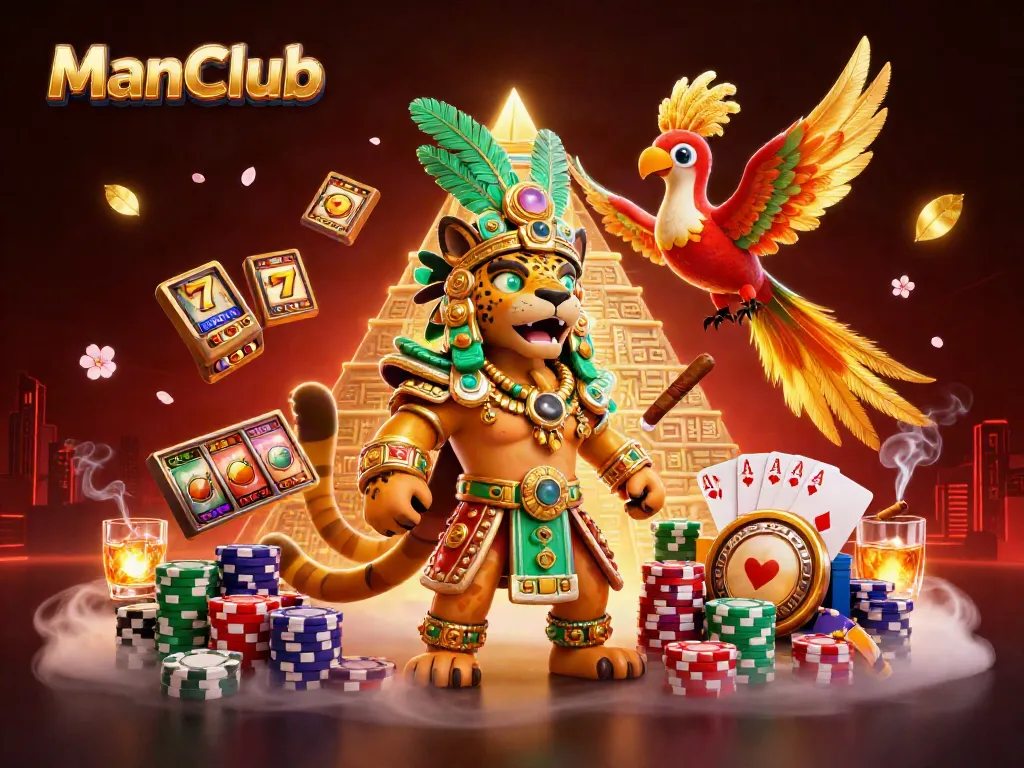Experience the vibrant world of ManClub with thrilling slot games, adorned by the Mayan jaguar priest and golden quetzal.
