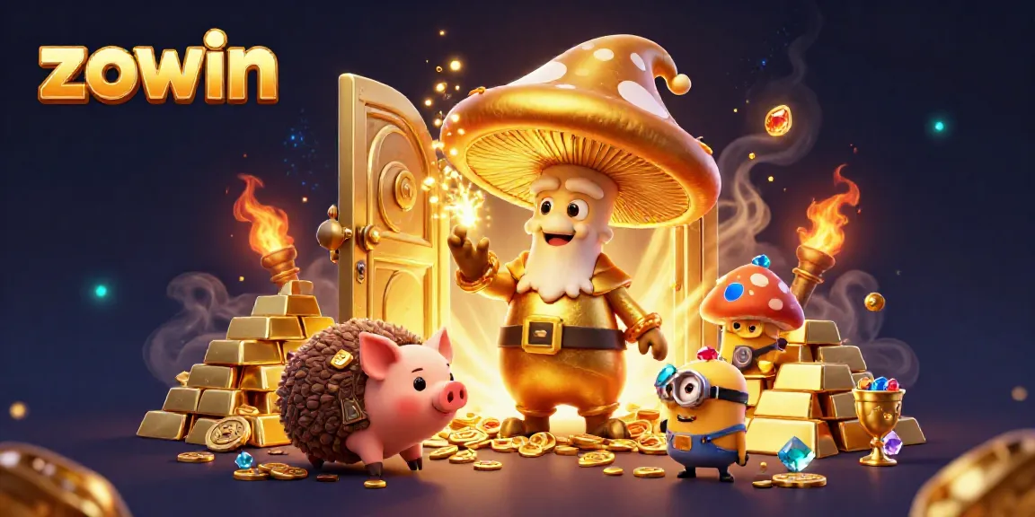 Zowin captivates with a vibrant 3D treasure scene featuring a golden mushroom wizard, jewels, and bursting gold light.