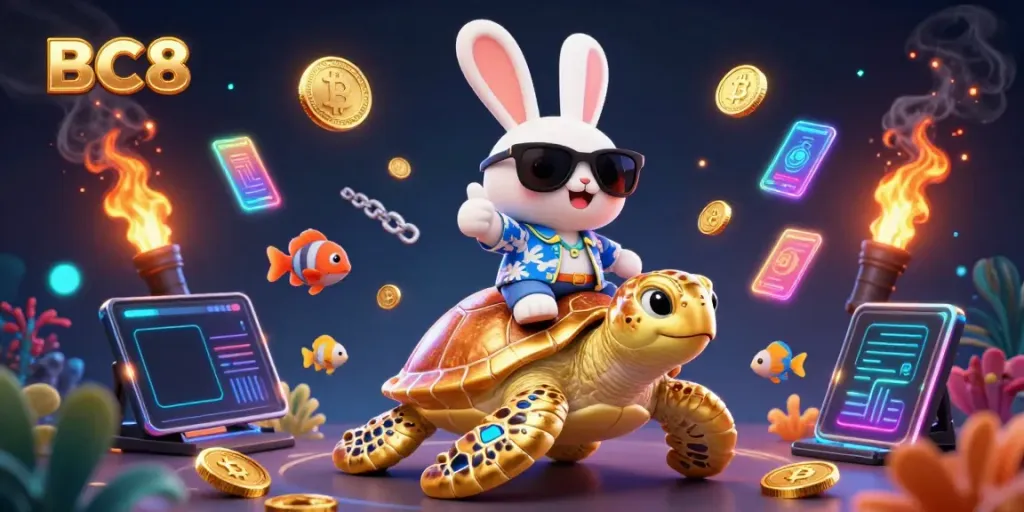 Experience the excitement of BC8 with a vibrant 3D scene showcasing a lucky rabbit and golden turtle amidst casino elements.