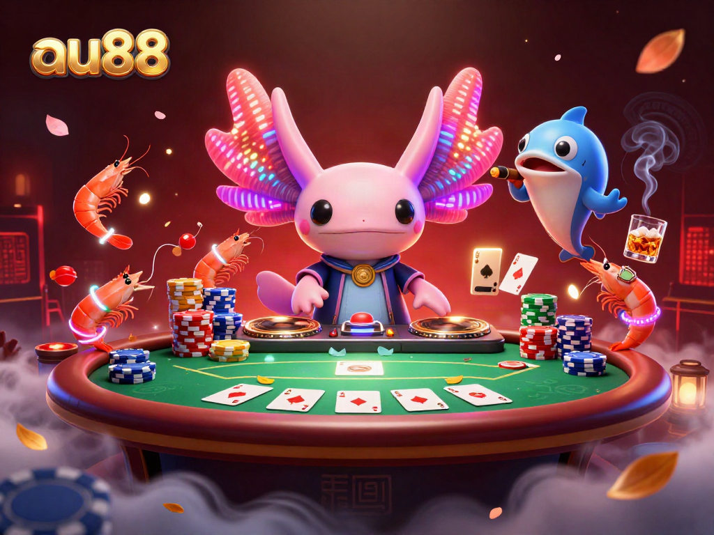 Experience thrilling gaming action at au88 with a vibrant cartoon scene of an axolotl DJ and friends celebrating.
