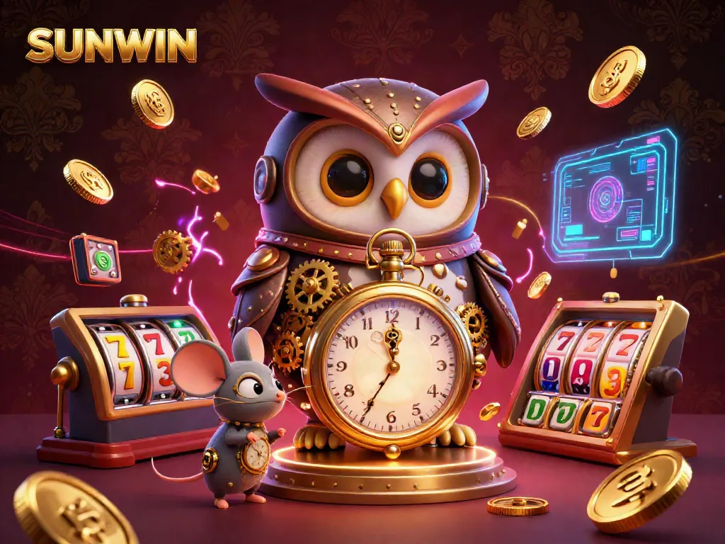 Experience the thrill of SUNWIN with animated steampunk characters in a vibrant casino scene.