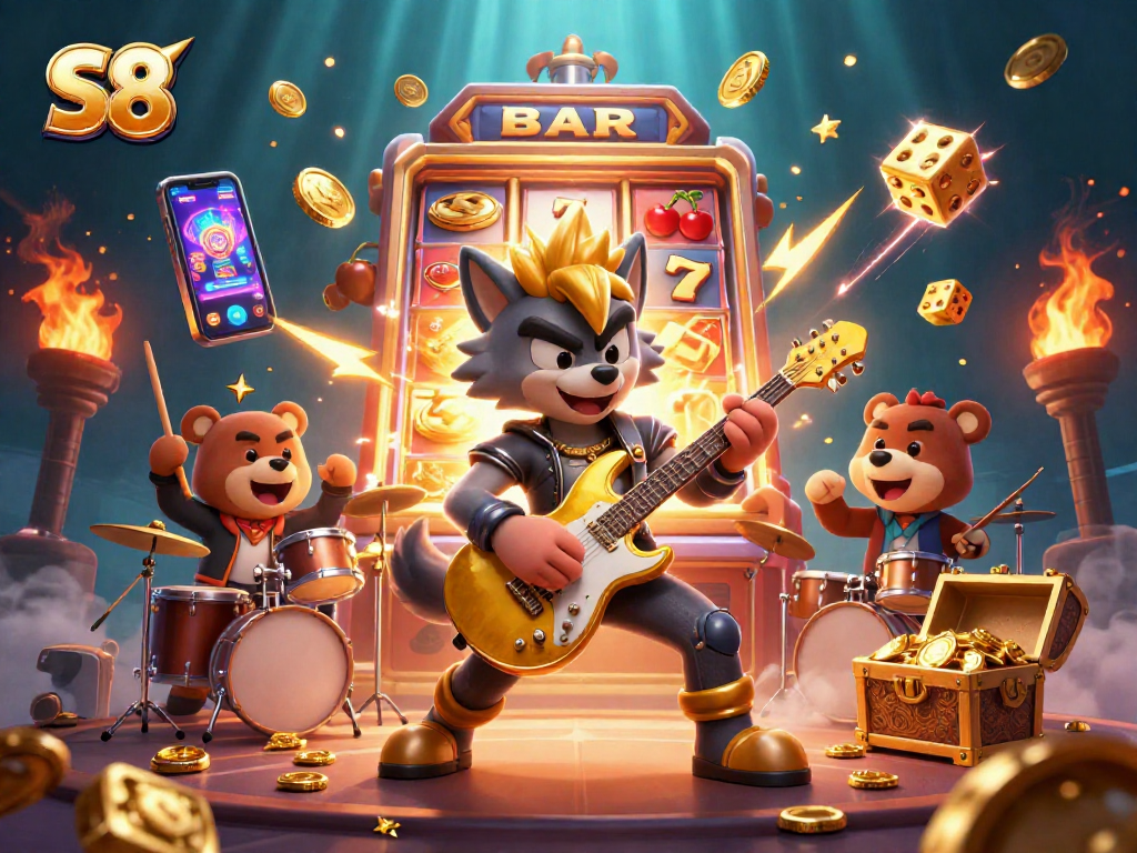 S8 gamblers enjoy a vibrant casino scene with a rock star wolf and drummer bear, celebrating a slot jackpot.