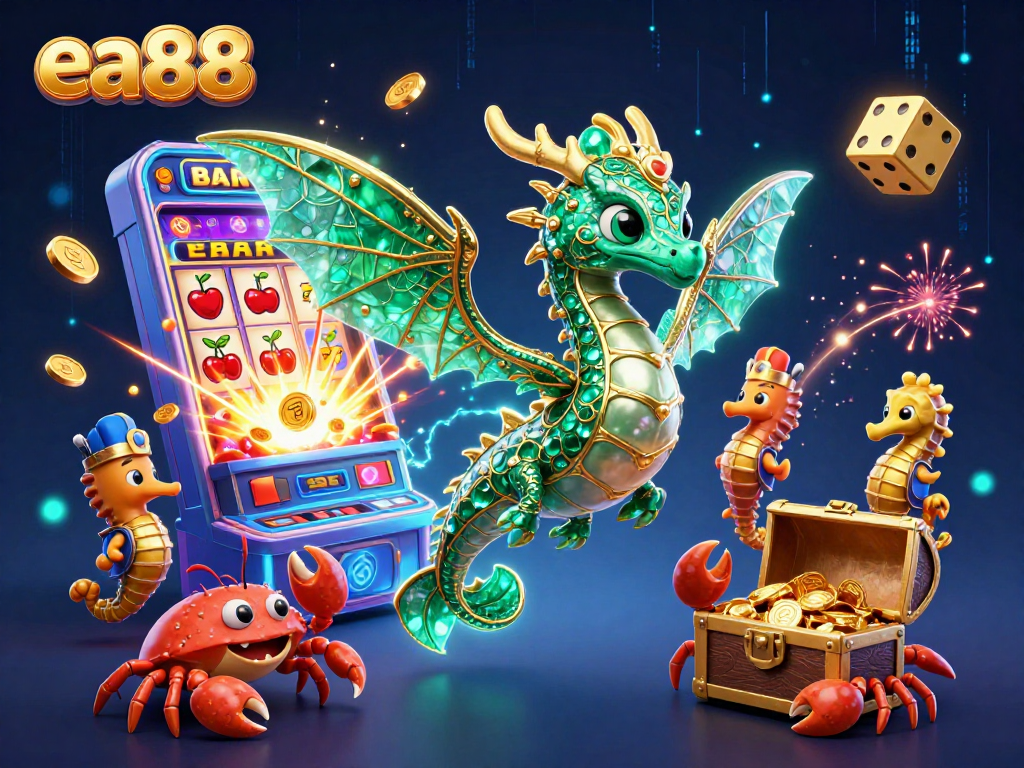 Experience thrilling wins at ea88 with a majestic sea dragon guarding a treasure chest amidst a dynamic casino scene.