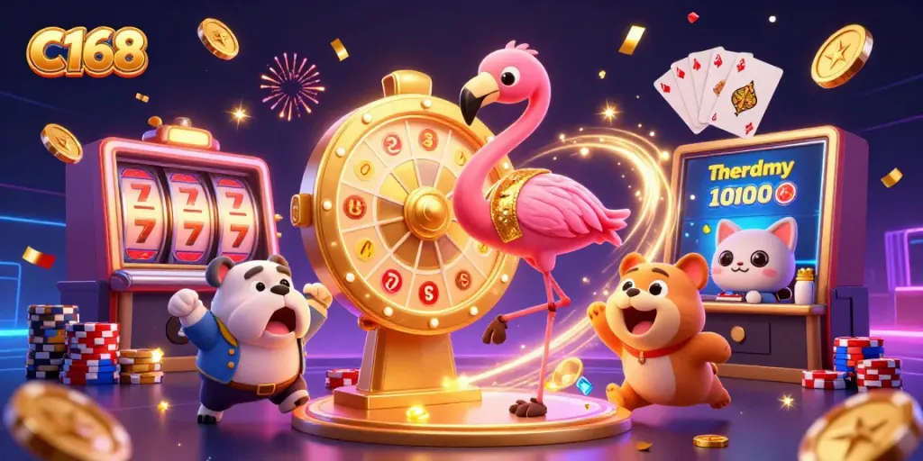 C168 engages players with vibrant prize wheel and gaming excitement amidst golden coins and slot reels.