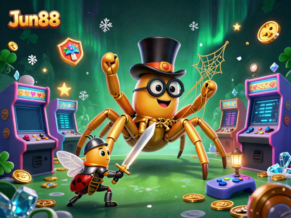 Engage with the vibrant Jun88 casino scene featuring a golden tarantula and brave beetle knight amidst arcade gaming elements.