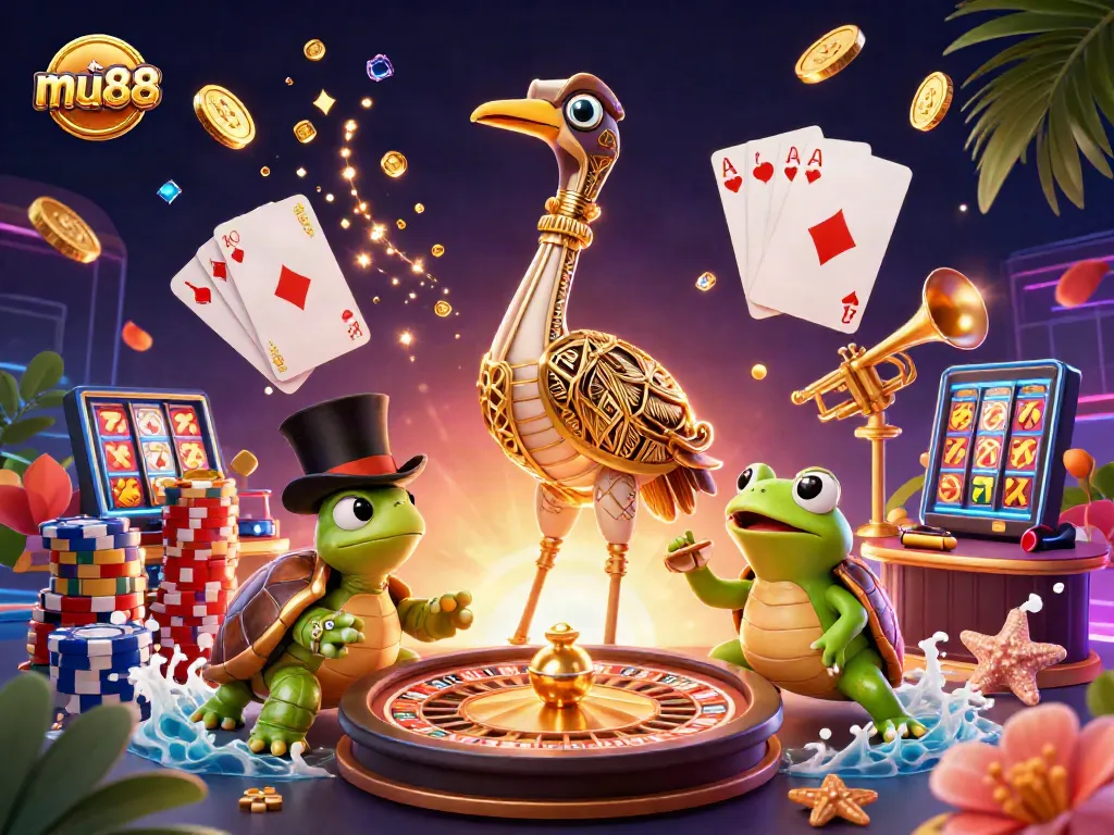 Experience exciting casino fun with mu88 featuring lively characters, coins, and a roulette wheel.