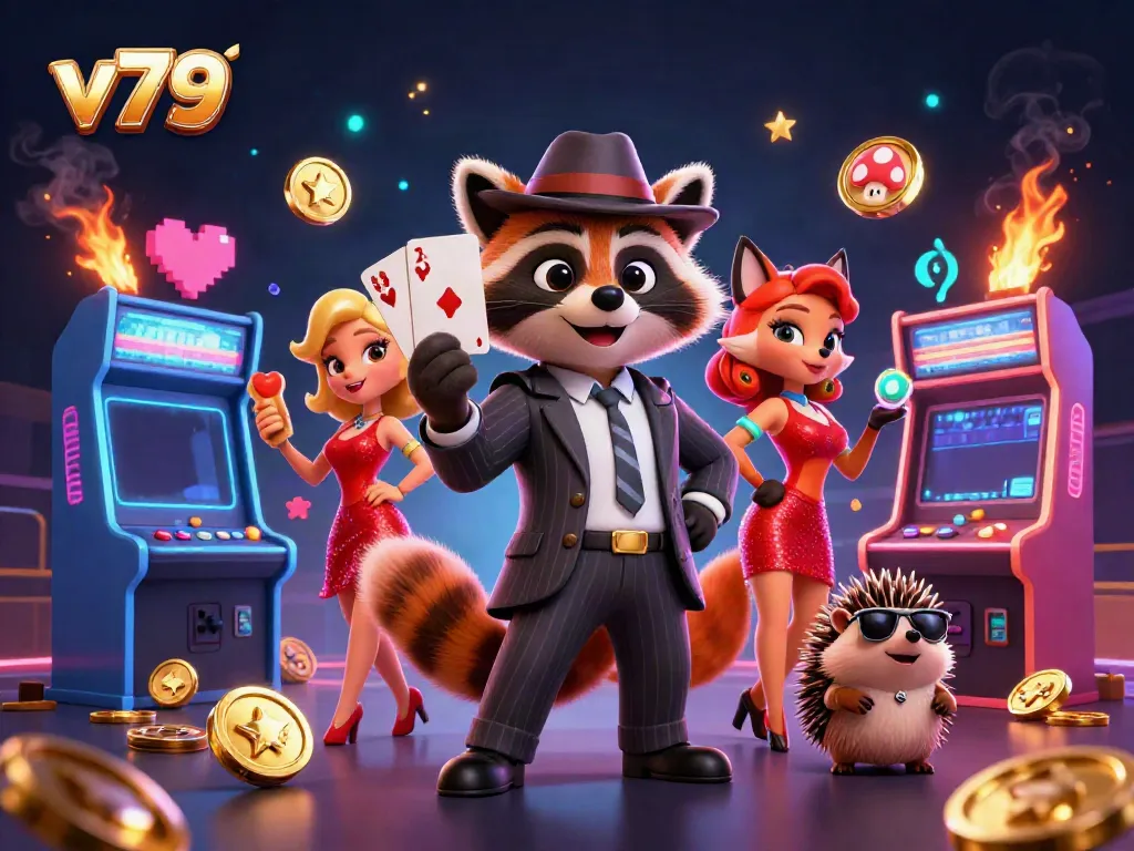 Experience thrilling gameplay at v79 with a suave raccoon, vibrant game machines, and fun casino elements.