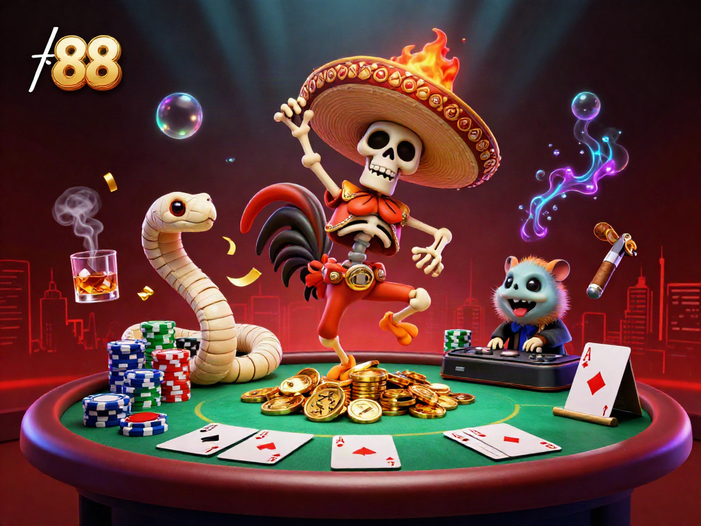Experience the excitement of tk 88 with a vibrant casino scene featuring lively characters, poker table, and golden treasures.