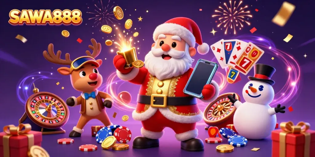 Experience the thrill of winning with SAWA888 as Santa, his reindeer, and a snowman bring festive casino fun to life.