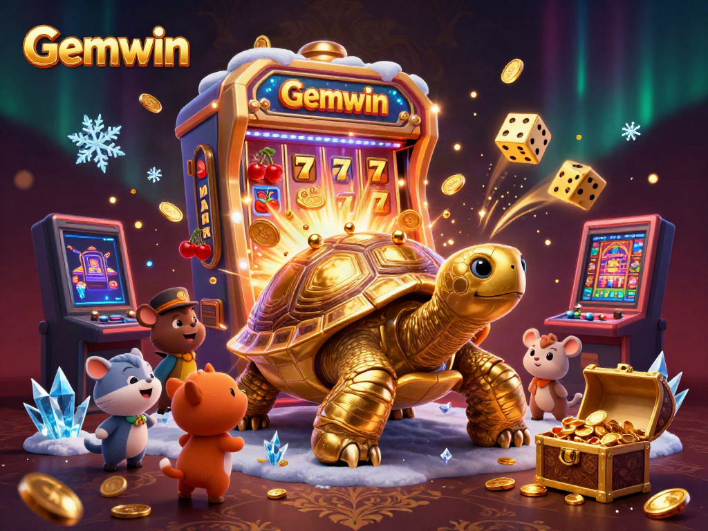 Experience Gemwin's excitement with a playful golden tortoise in a vibrant casino atmosphere.