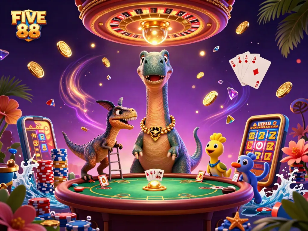 Experience thrilling FIVE 88 casino excitement in this vibrant cartoon illustration showcasing gaming action.