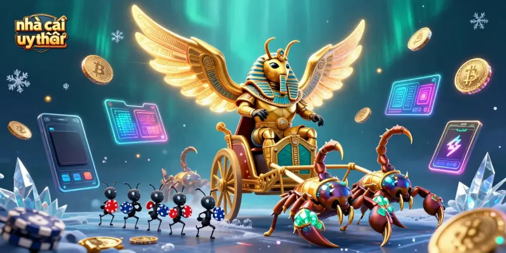 Experience gaming excitement with nhà cái uy tín, featuring a colossal scarab beetle and scorpions amidst vibrant casino elements.