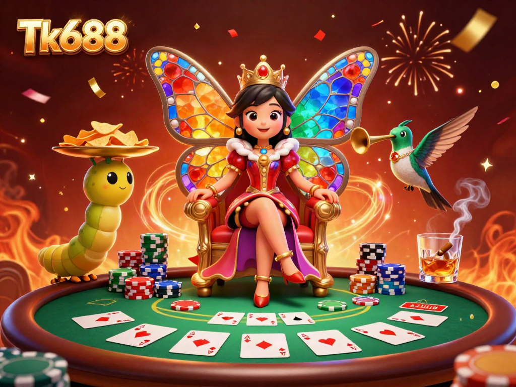 Engaging gambling scene featuring Tk688 butterfly queen with poker games, colorful chips, and celebratory effects.