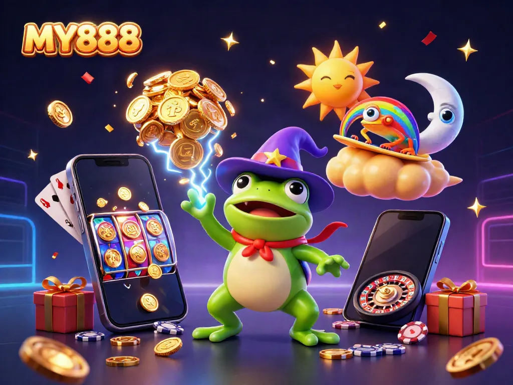 Engaging MY888 scene showcasing a wizard frog and chameleon in a vibrant casino atmosphere with dynamic game elements.