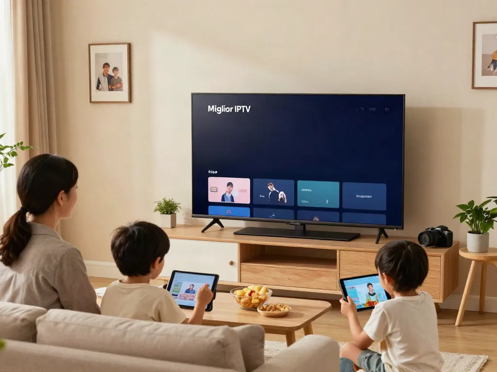 Family enjoying Miglior IPTV in a cozy living room with a Smart TV.