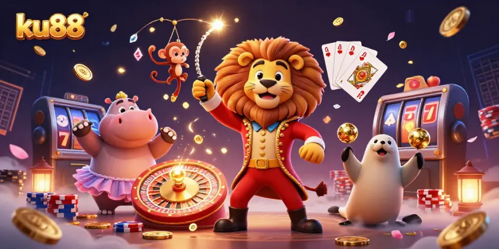 Experience the thrill of ku88 with a vibrant casino-themed illustration featuring dynamic game elements.