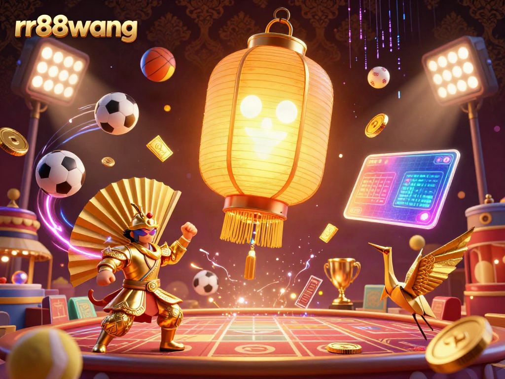 Join the excitement at rr88wang with a dazzling night market casino scene filled with sports elements and golden treasures.
