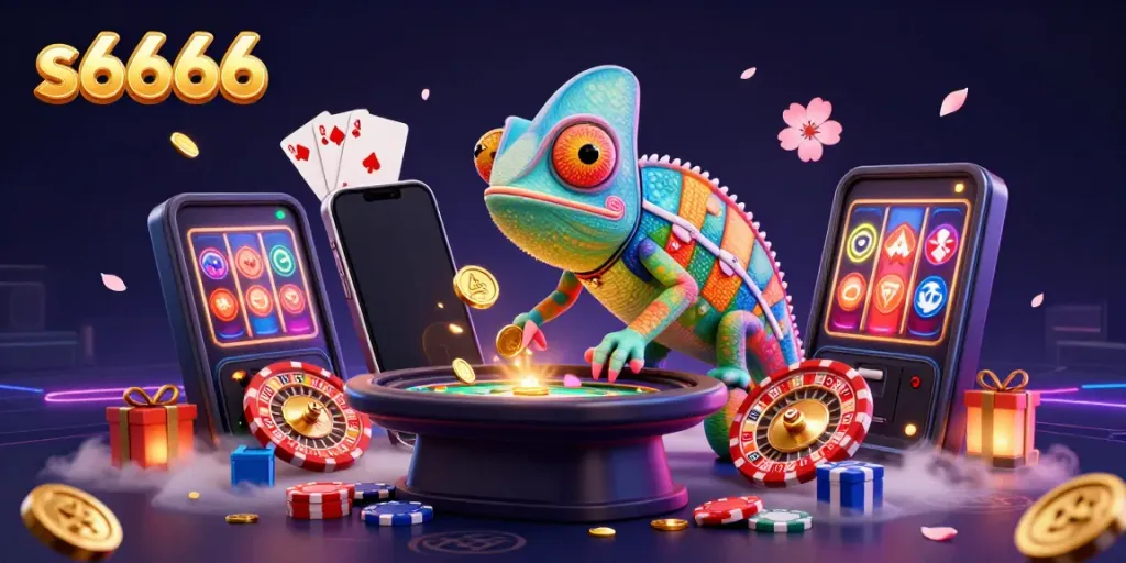 Engage with s6666 in a vibrant casino atmosphere, complete with a colorful chameleon owner and exciting game elements.