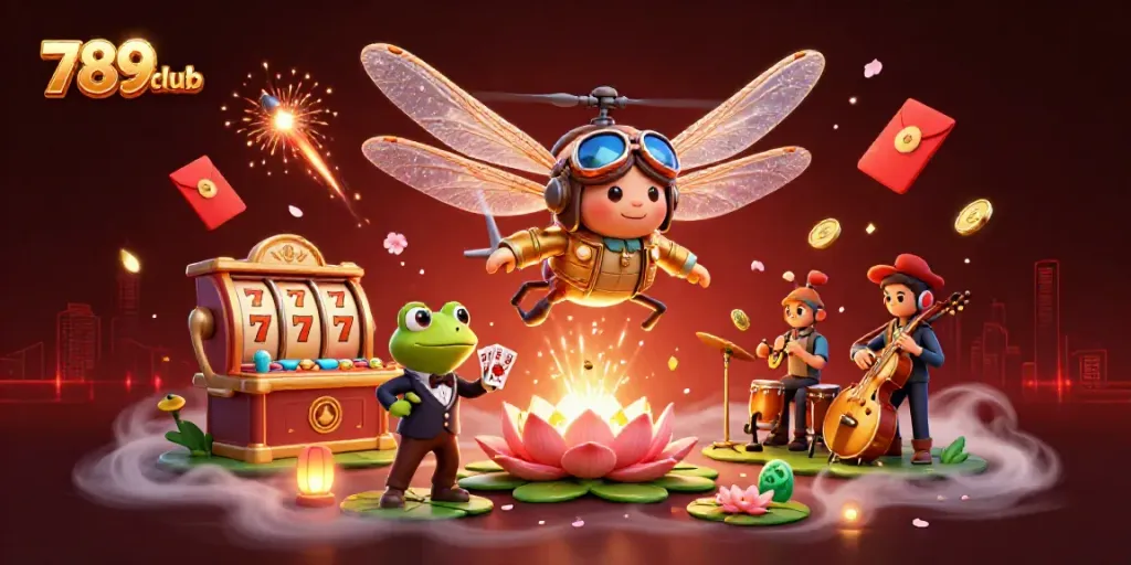 Spin the reels of luck with 789club's vibrant casino scene featuring a dragonfly pilot and frog dealer.
