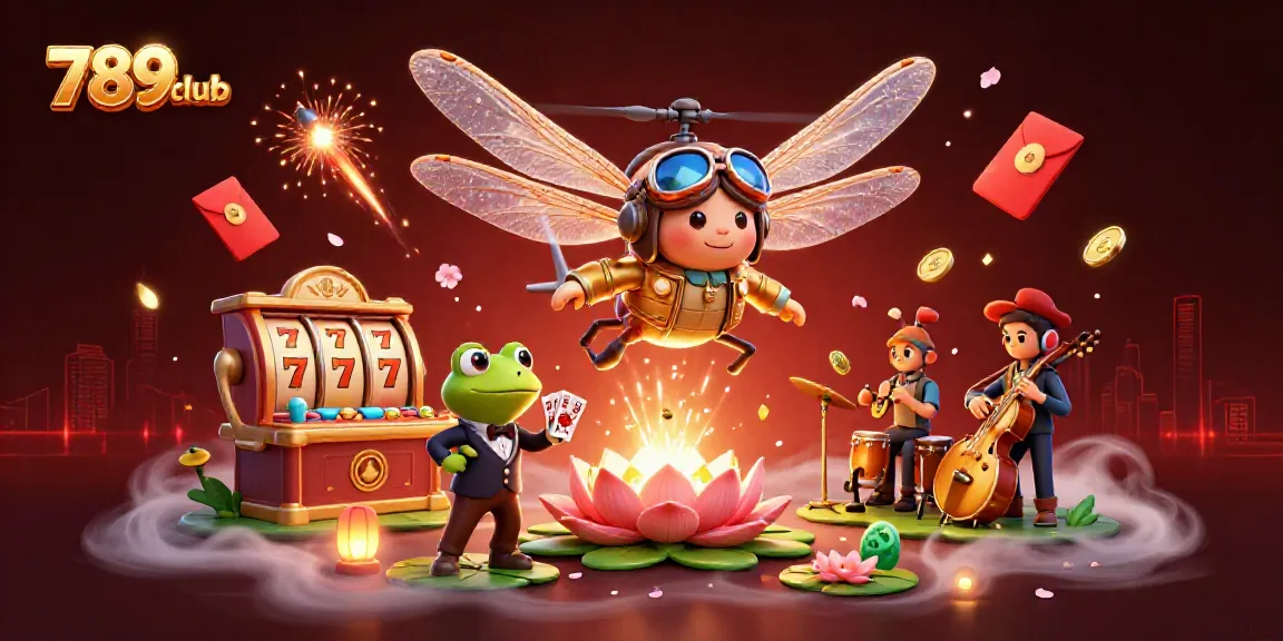 Spin the reels of luck with 789club's vibrant casino scene featuring a dragonfly pilot and frog dealer.