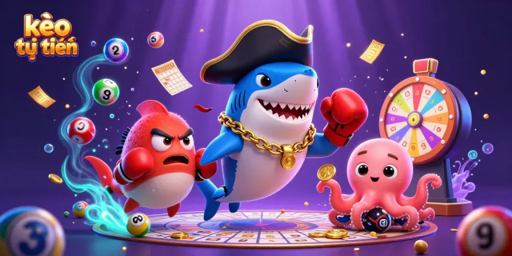 Engaging 3D scene showcasing kèo trực tuyến with a shark captain, boxing pufferfish, and baby octopus amidst dynamic lottery elements.