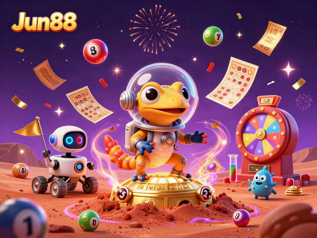 Experience Jun88's thrilling casino adventures with a Martian gecko and vibrant gambling elements!
