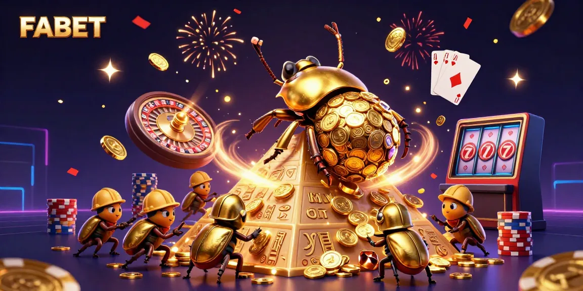 Experience the excitement of FABET with a golden dung beetle rolling coins in a vibrant casino scene.