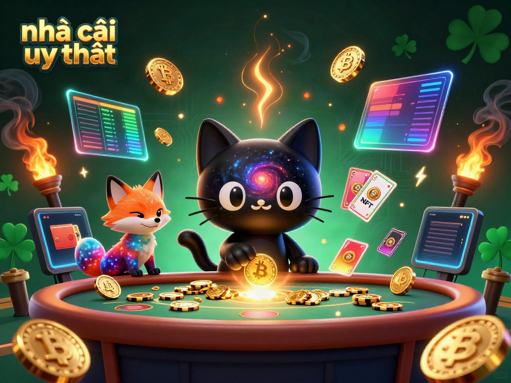 Engaging scene showcasing nhà cái uy tín with a black hole cat at a cosmic casino table, drawing in golden chips.