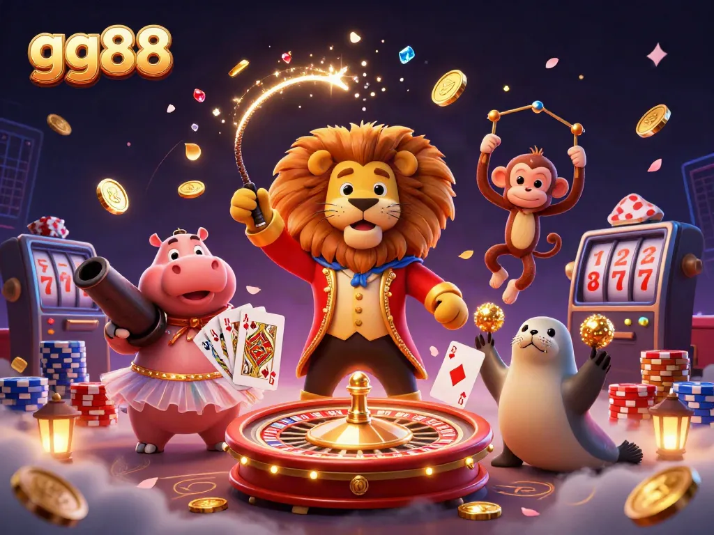Experience the thrilling atmosphere at gg88, featuring lively characters, dynamic game elements, and sparkling visual effects in a vibrant casino scene.