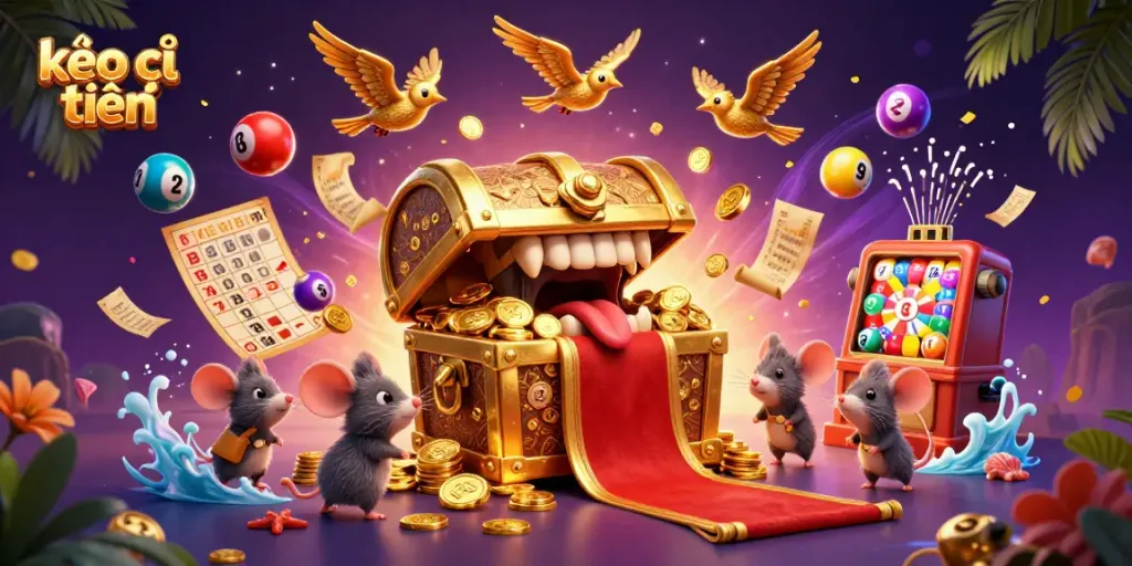 Experience kèo trực tuyến action with a vibrant scene of treasure and lottery elements.