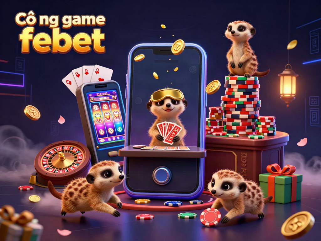 Cổng game febet offers an interactive visual of meerkats in a dynamic casino setting, emphasizing lively gaming.