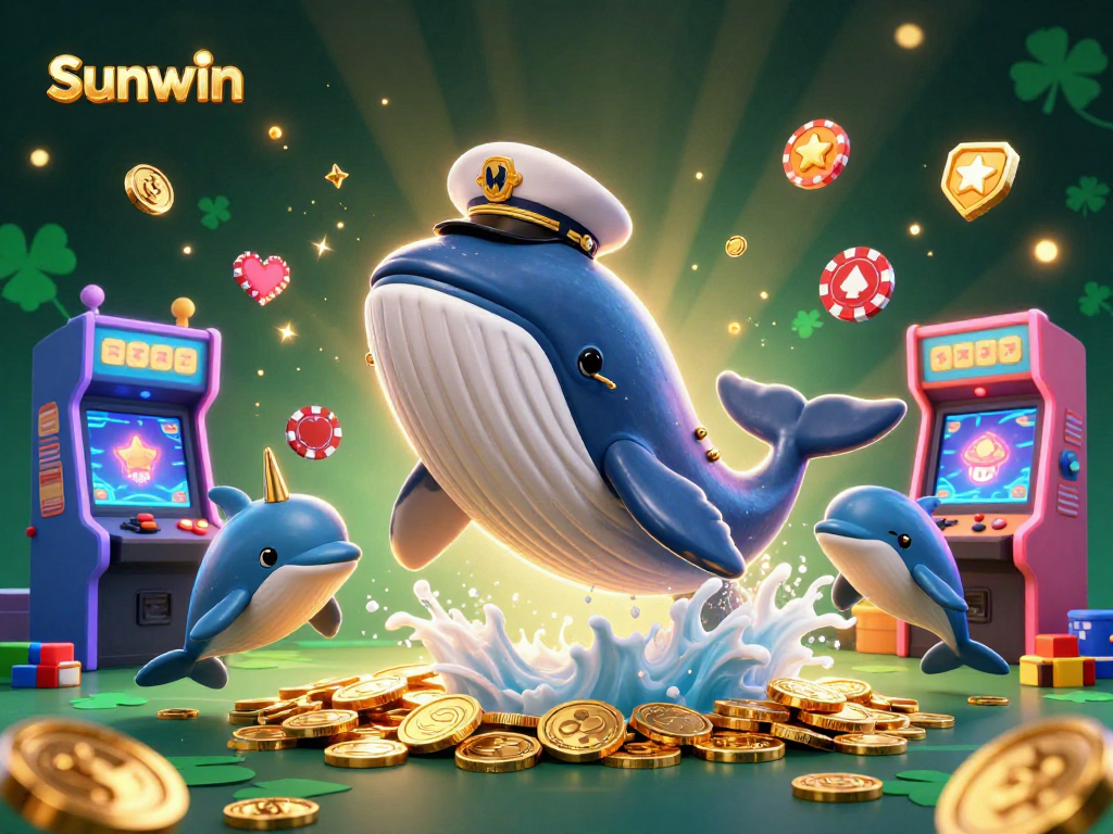 Sunwin's vibrant casino scene showcases a whale, narwhal, and dolphins immersing in gold coins while engaging with gaming elements.