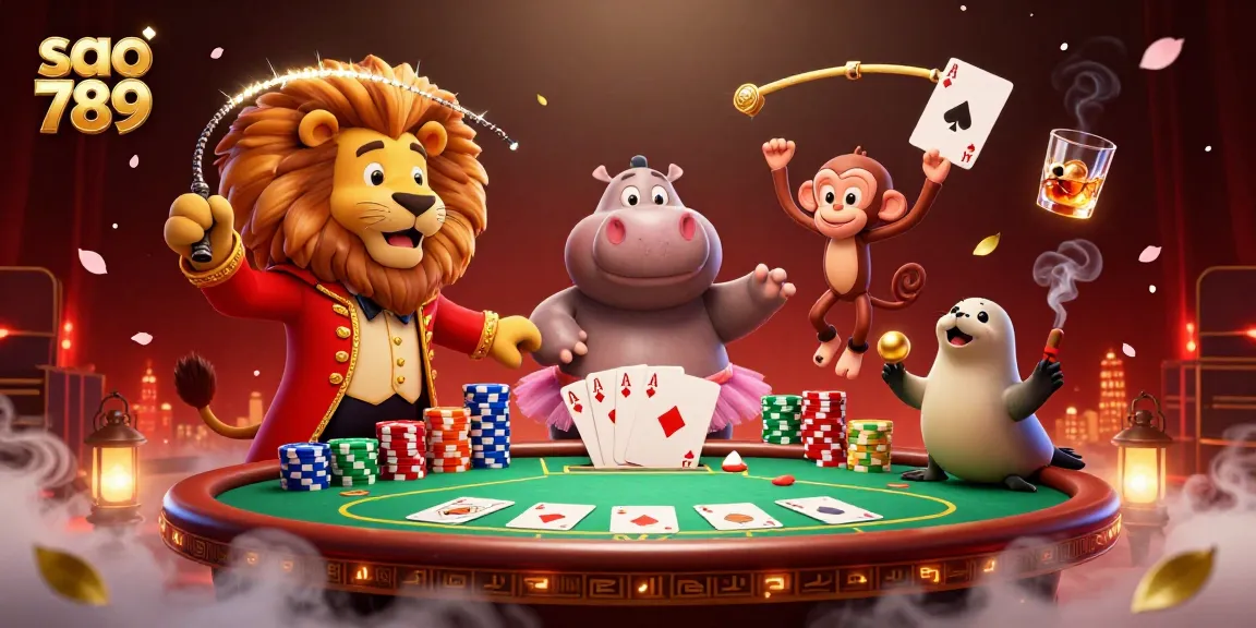 Sao 789 captures excitement with a whimsical casino scene featuring a ringmaster lion, playful hippo, monkey, and seal.