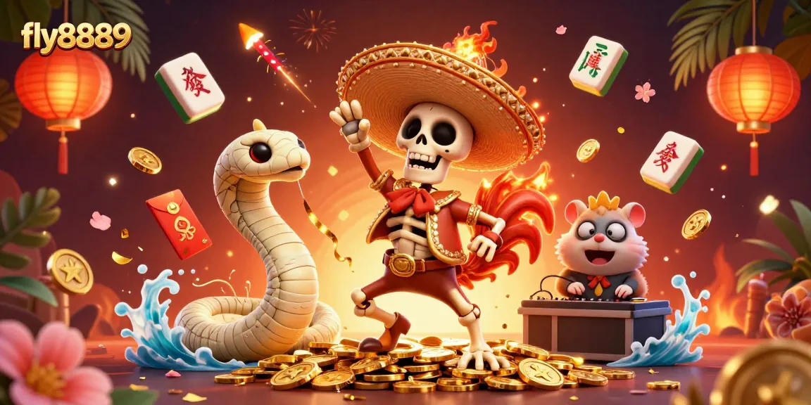 Experience thrilling gameplay at fly8889 as the colorful characters celebrate amid golden coins and festive decorations.