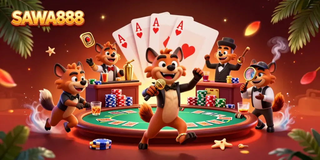 Engage with SAWA888's vibrant casino scene featuring hyenas entertaining with humor and drinks.
