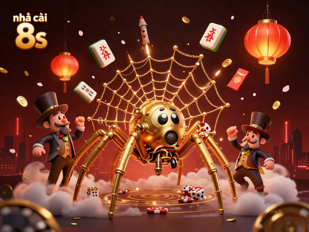 Engaging scene showcasing Nhà cái 8s with a steampunk spider capturing dice in a web, surrounded by festive gambling elements.