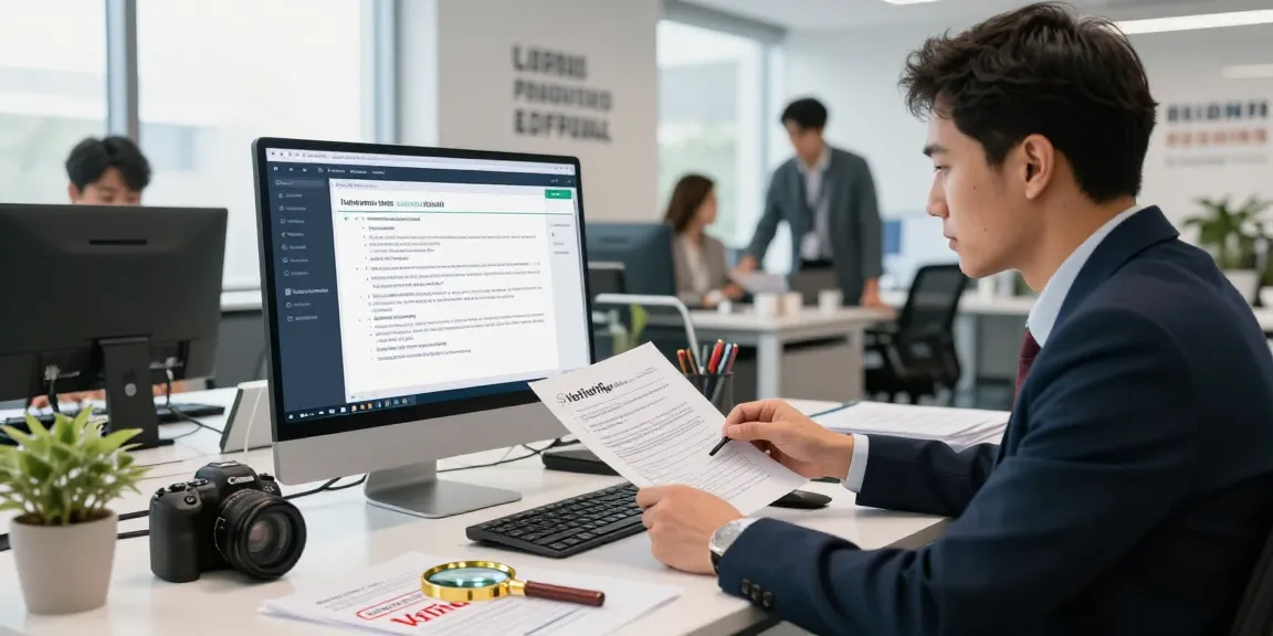Analyzing document fraud detection software on a computer in a modern office.