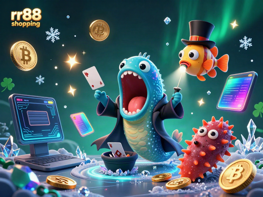 Experience thrilling gameplay at rr88 shopping with an illustration of a magical gambling scene showcasing a deep-sea gulper eel performing card tricks.
