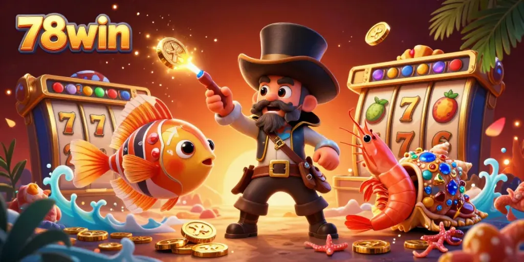 Experience the thrill of 78win with a vibrant 3D scene featuring an anglerfish luring golden coins amidst slot reels.